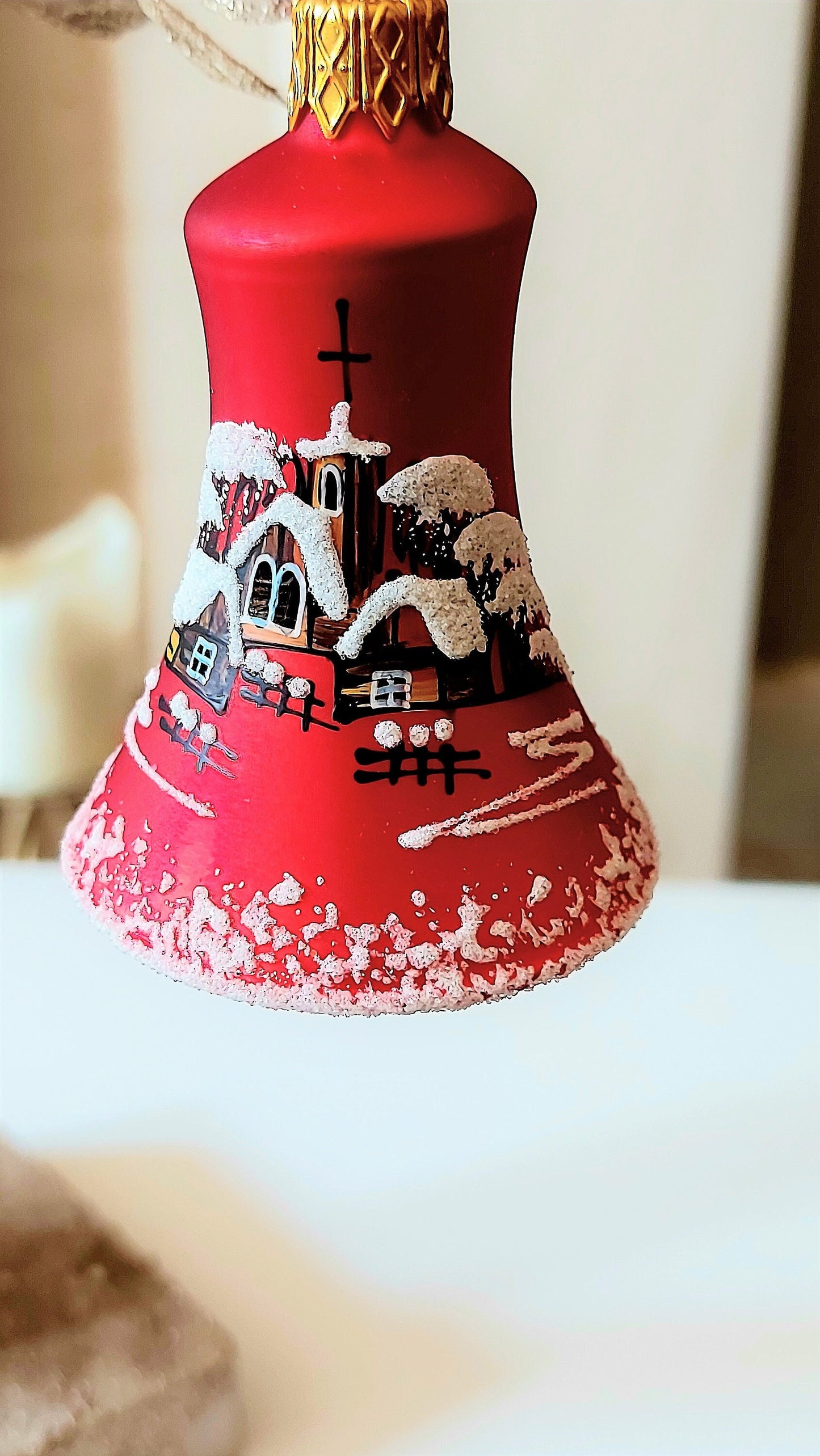 Vintage Czech Glass Christmas Bell Ornament: Hand-Painted House Motif