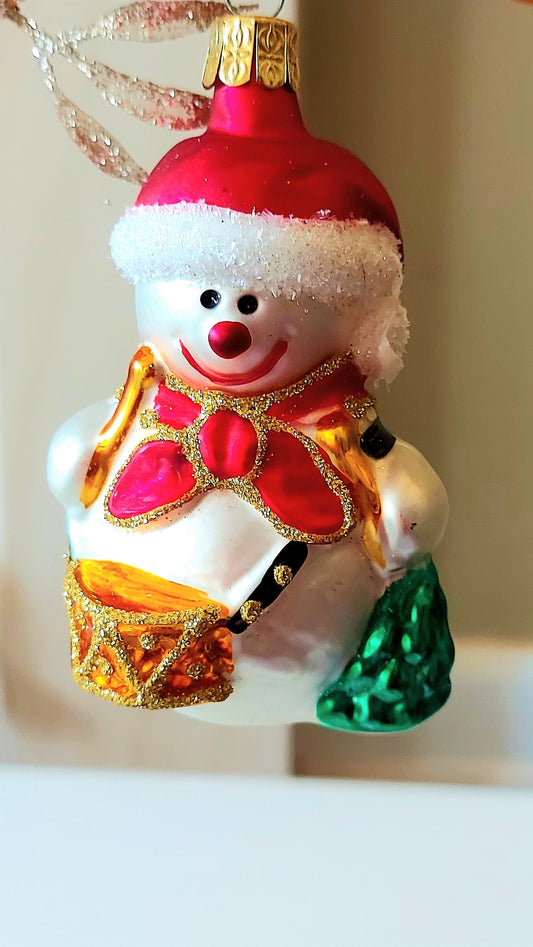 Czech Republic, Glass Blown, Hand Painted Christmas Tree Ornament - Snowman Drummer