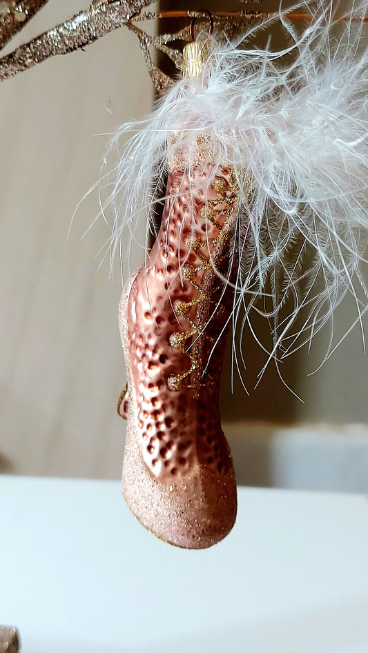 Vintage Czech Republic, Glass Blown, Hand Painted Christmas Tree Ornament - Boot Baby Pink