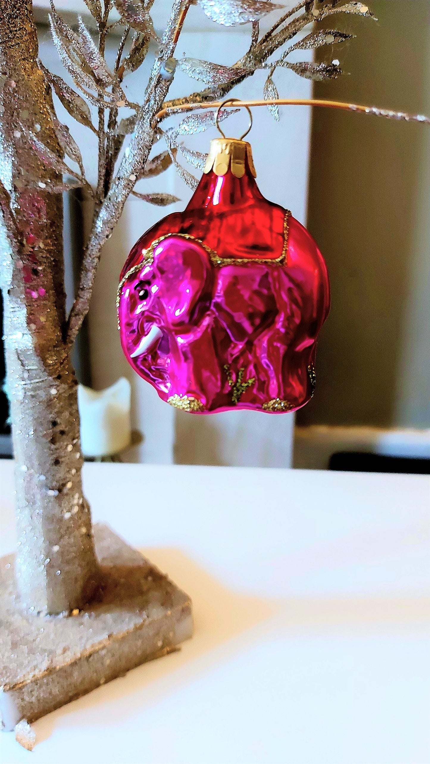 Vintage Czech Republic, Glass Blown, Hand Painted Christmas Tree Ornament - Elephant Ganesha