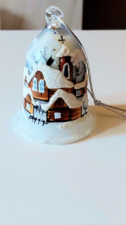 Czech Glass Bell Ornament: Hand-Painted Winter Village