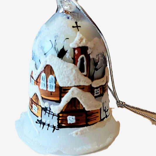 Vintage Czech Glass Bell Ornament: Hand-Painted Winter Village
