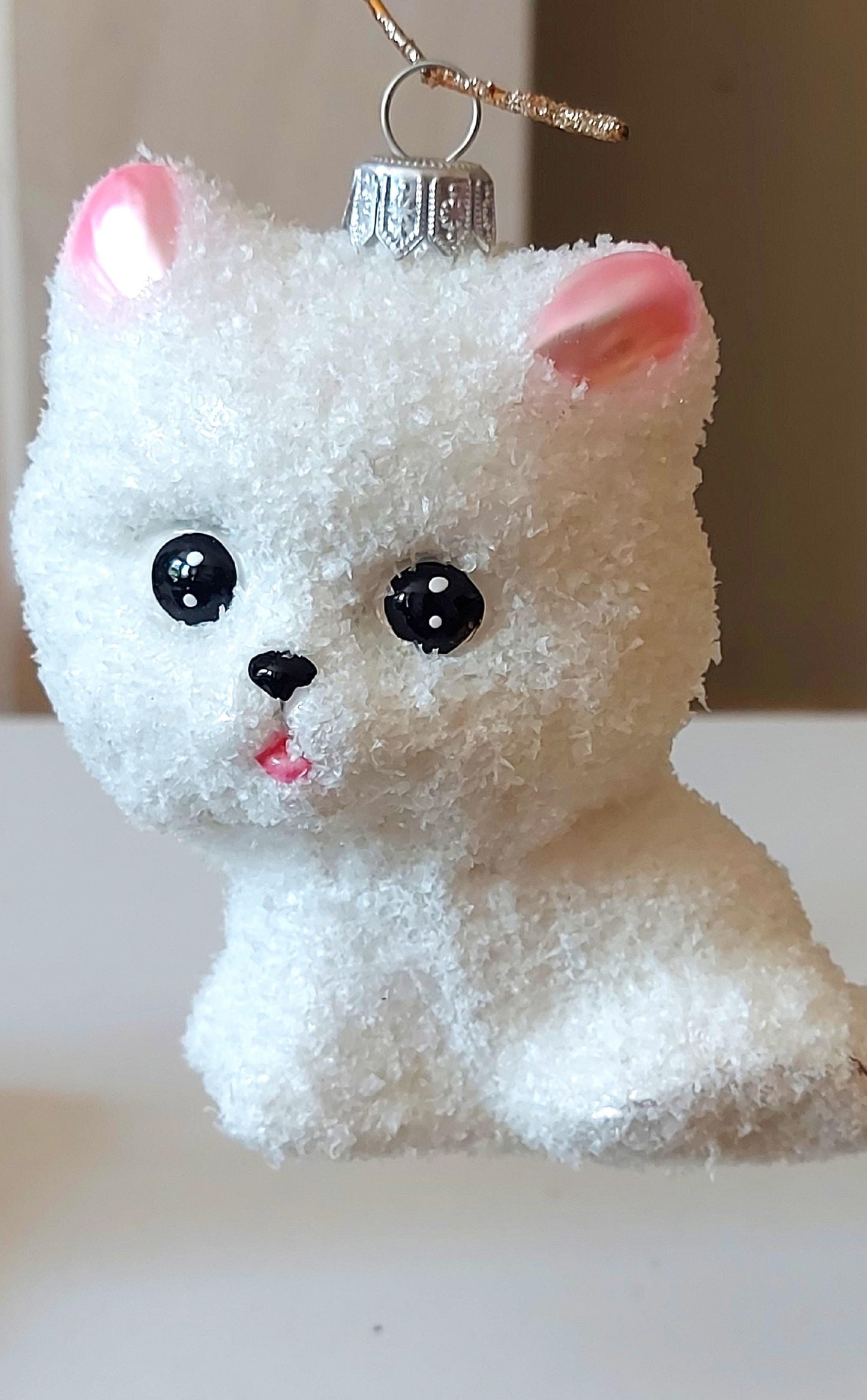 Vintage Czech Republic, Glass Blown, Hand Painted Christmas Tree Ornament - White Pussy Cat