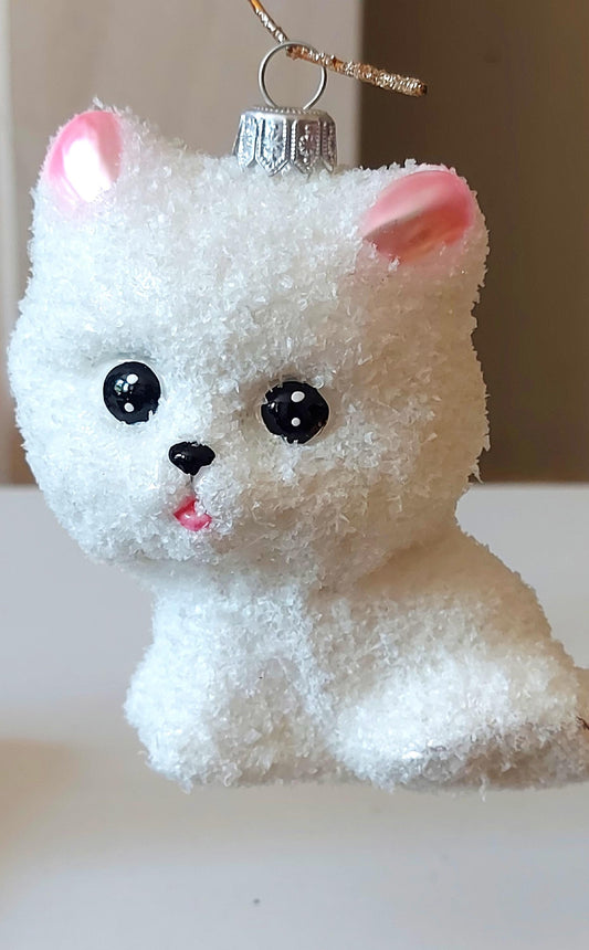 Vintage Czech Republic, Glass Blown, Hand Painted Christmas Tree Ornament - White Pussy Cat