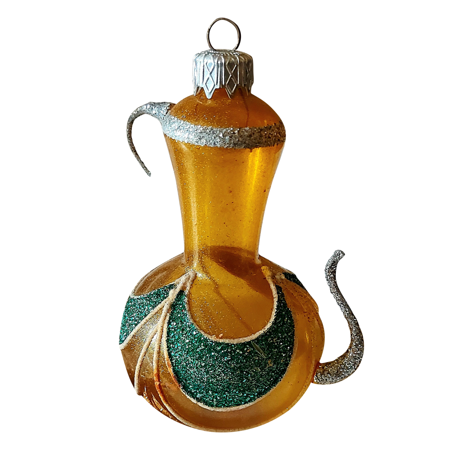 Czech Republic, Glass Blown, Hand Painted Christmas Tree Ornament - Genie Lamp gold/green