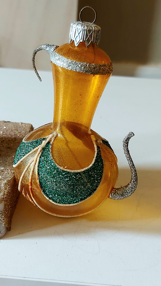 Vintage Czech Republic, Glass Blown, Hand Painted Christmas Tree Ornament - Genie Lamp gold/green