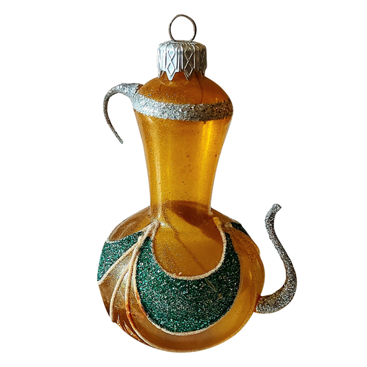 Czech Republic, Glass Blown, Hand Painted Christmas Tree Ornament - Genie Lamp gold/green
