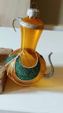 Vintage Czech Republic, Glass Blown, Hand Painted Christmas Tree Ornament - Genie Lamp gold/green