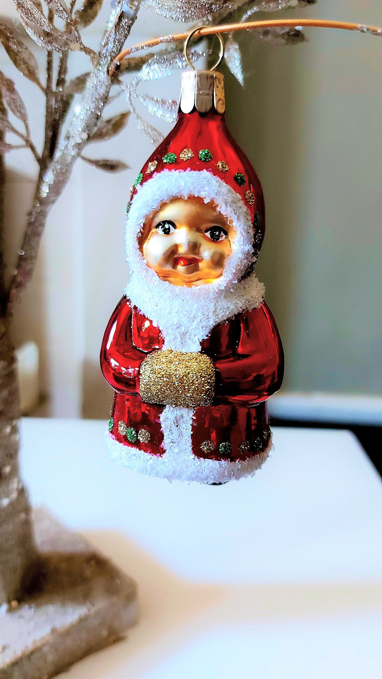 Vintage Czech Republic, Glass Blown, Hand Painted Christmas Tree Ornament - Gnome
