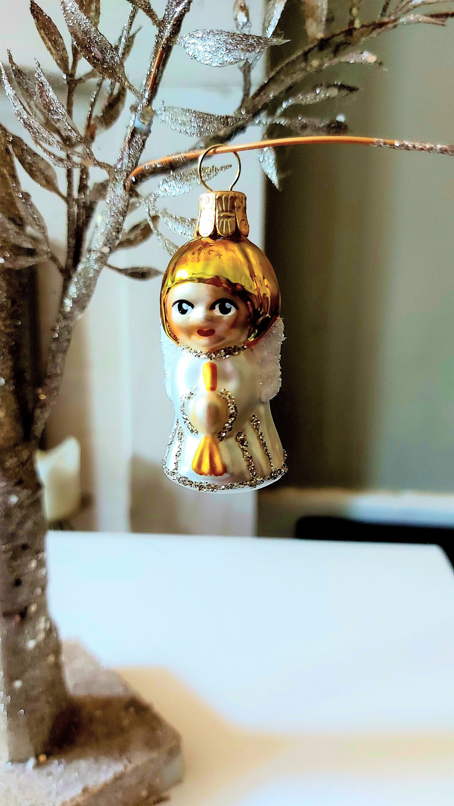 Vintage Czech Republic, Glass Blown, Hand Painted Christmas Tree Ornament - Angel