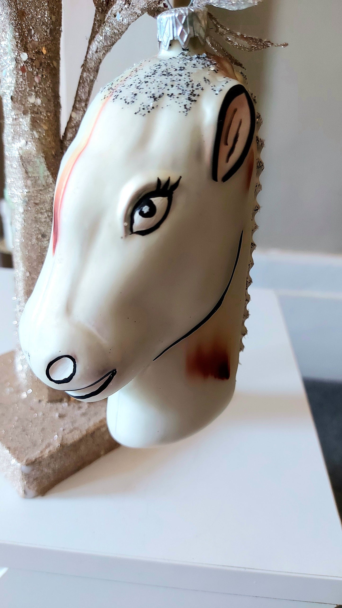 Vintage Czech Republic, Glass Blown, Hand Painted Christmas Tree Ornament - Horse Head