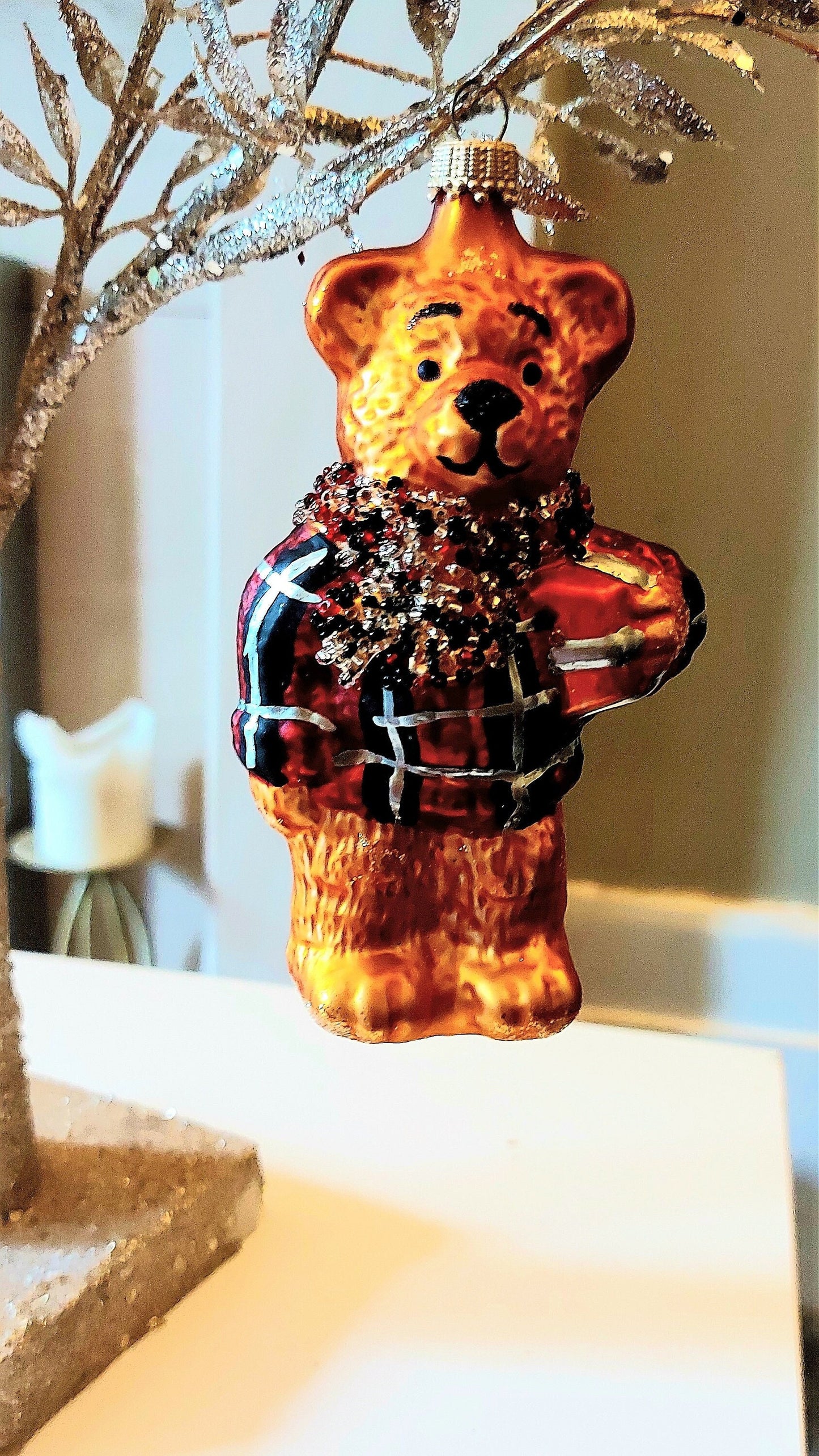 Vintage Czech Republic, Glass Blown, Hand Painted Christmas Tree Ornament - Large Teddy Bear