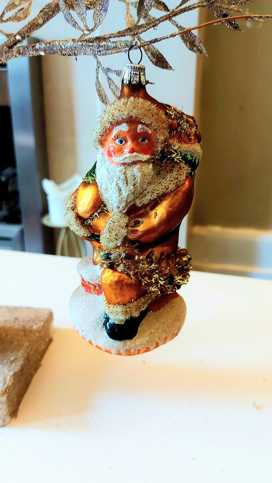 Vintage Czech Republic, Glass Blown, Hand Painted Christmas Tree Ornament - Large Santa Chimney Gold