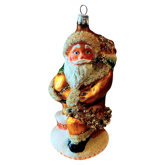 Czech Republic, Glass Blown, Hand Painted Christmas Tree Ornament - Large Santa Chimney Gold