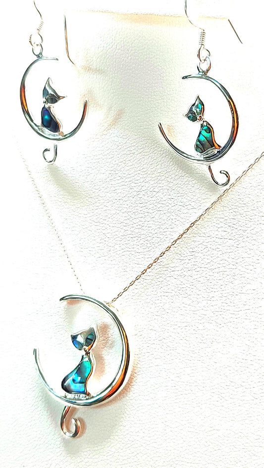 Silver Handmade Inlay Pendant/Earring Set Semi Precious Abalone Shell- Cat on Moon