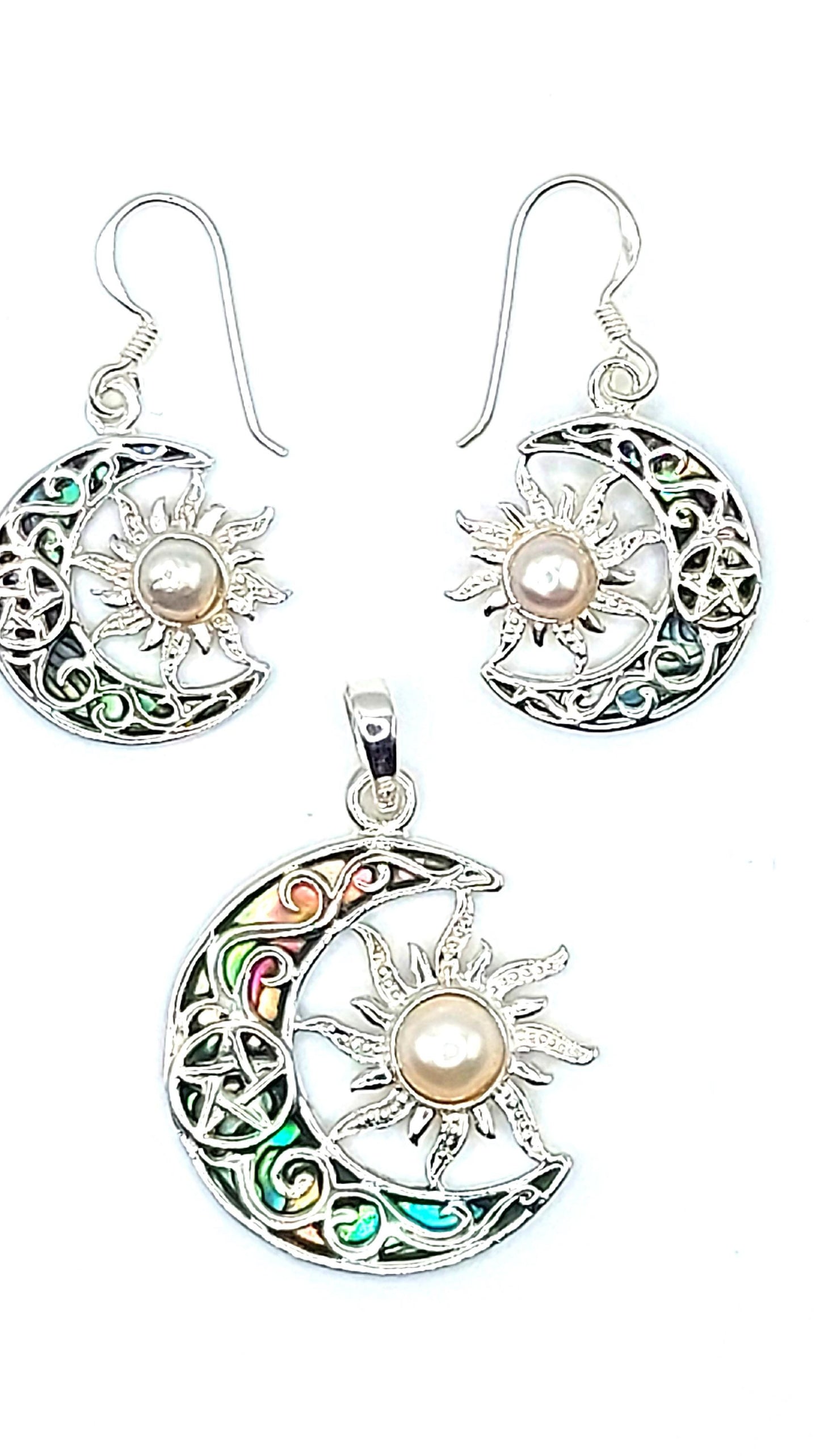 Silver Handmade Inlay Pendant/Earring Set Semi Precious Abalone Shell- Sun/Moon