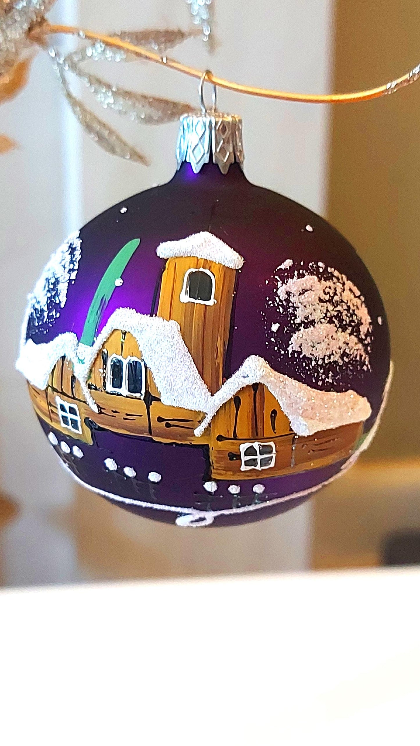 Vintage Czech Glass Christmas Ornament: Hand-Painted Purple Small Ball
