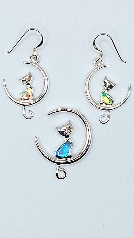 Silver Handmade Inlay Pendant/Earring Set Semi Precious Abalone Shell- Cat on Moon