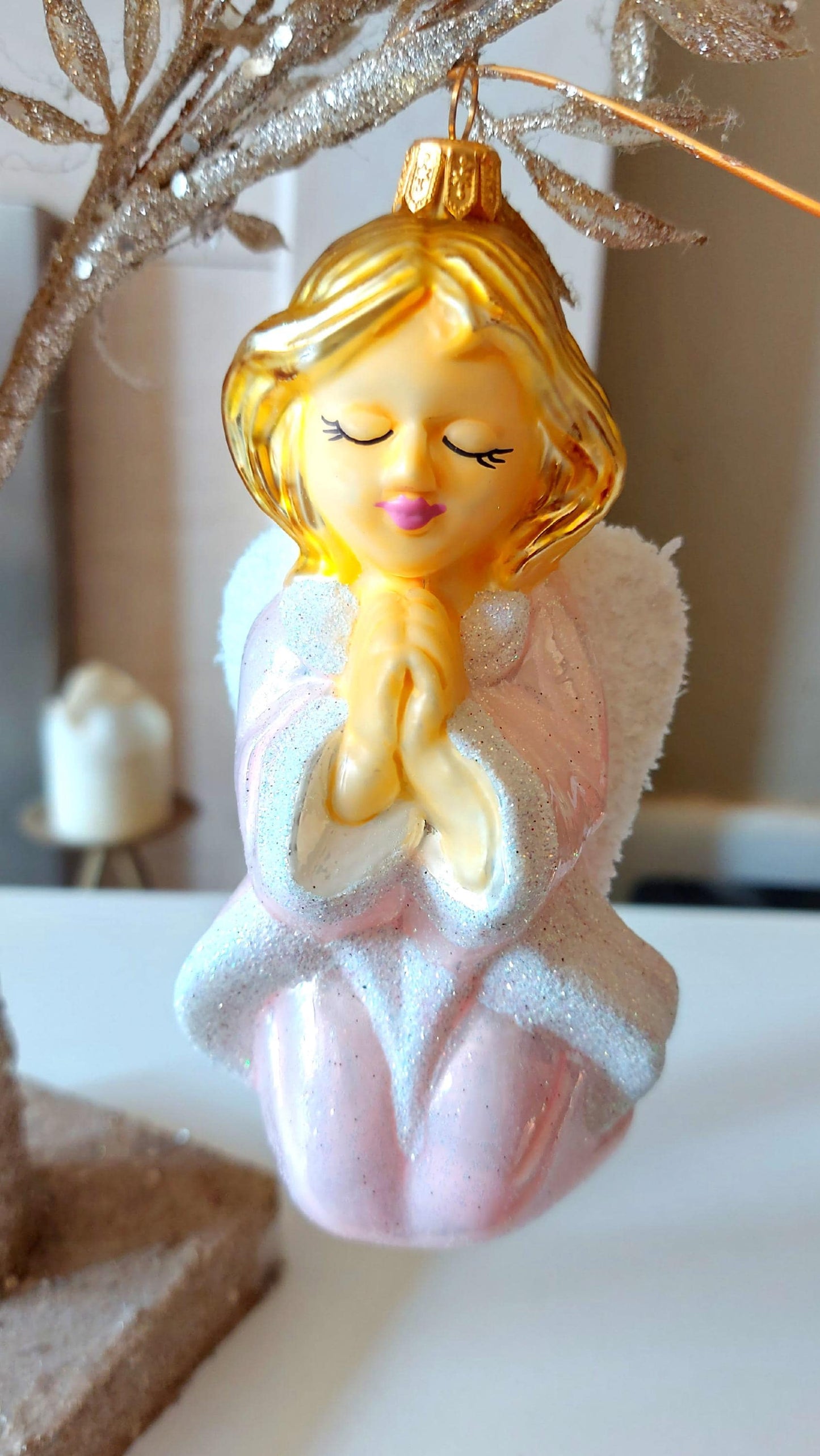 Vintage Czech Republic, Glass Blown, Hand Painted Christmas Tree Ornament - Pink Angel
