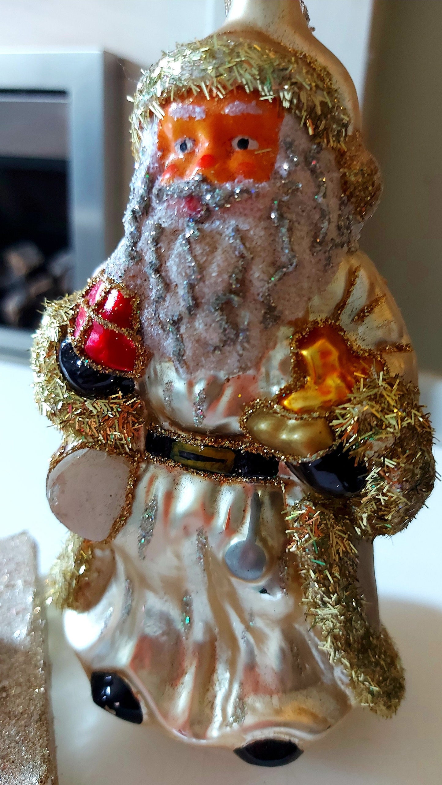 Vintage Czech Republic, Glass Blown, Hand Painted Christmas Tree Ornament - Very Large Santa