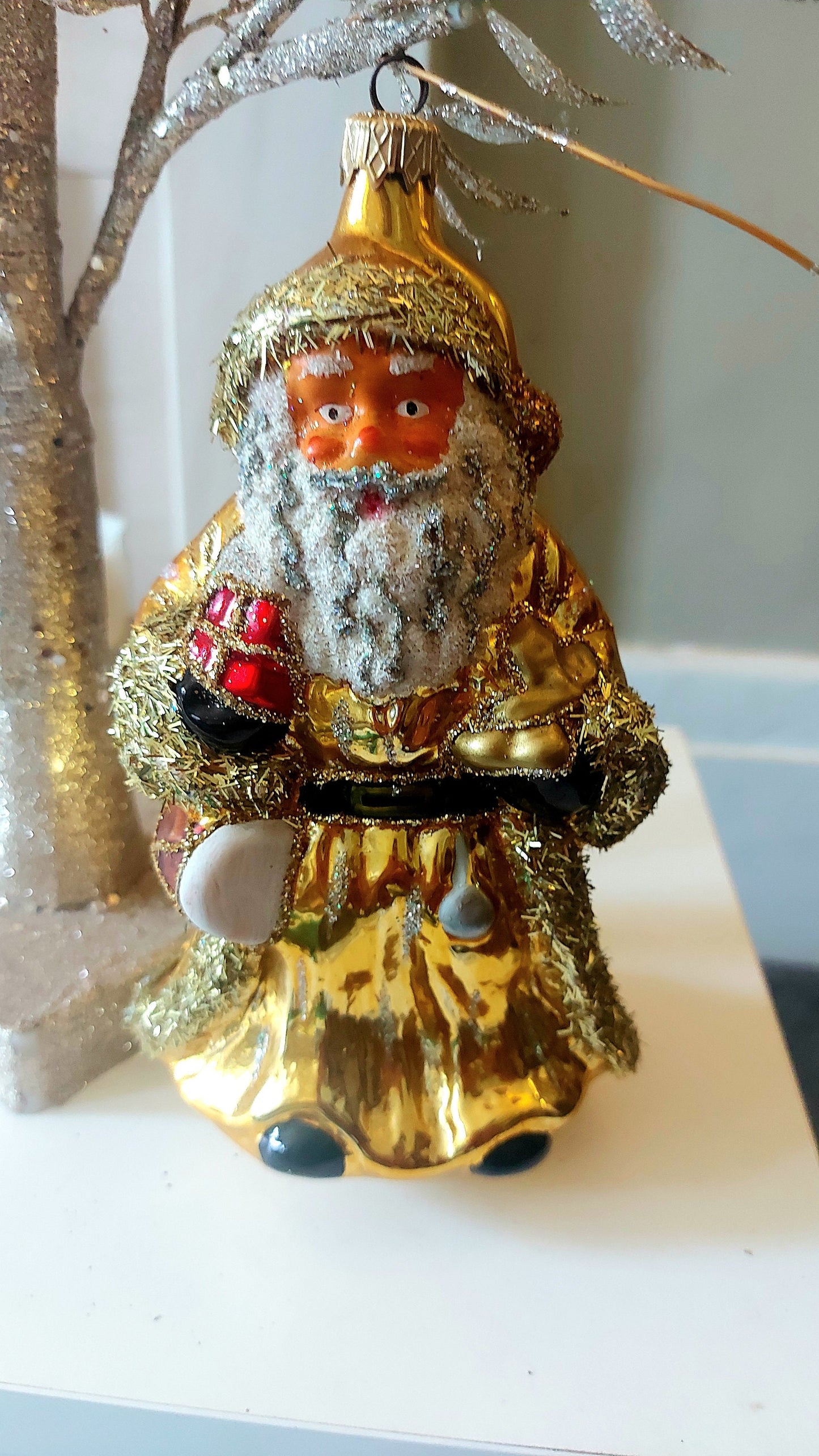 Vintage Czech Republic, Glass Blown, Hand Painted Christmas Tree Ornament - Very Large Santa