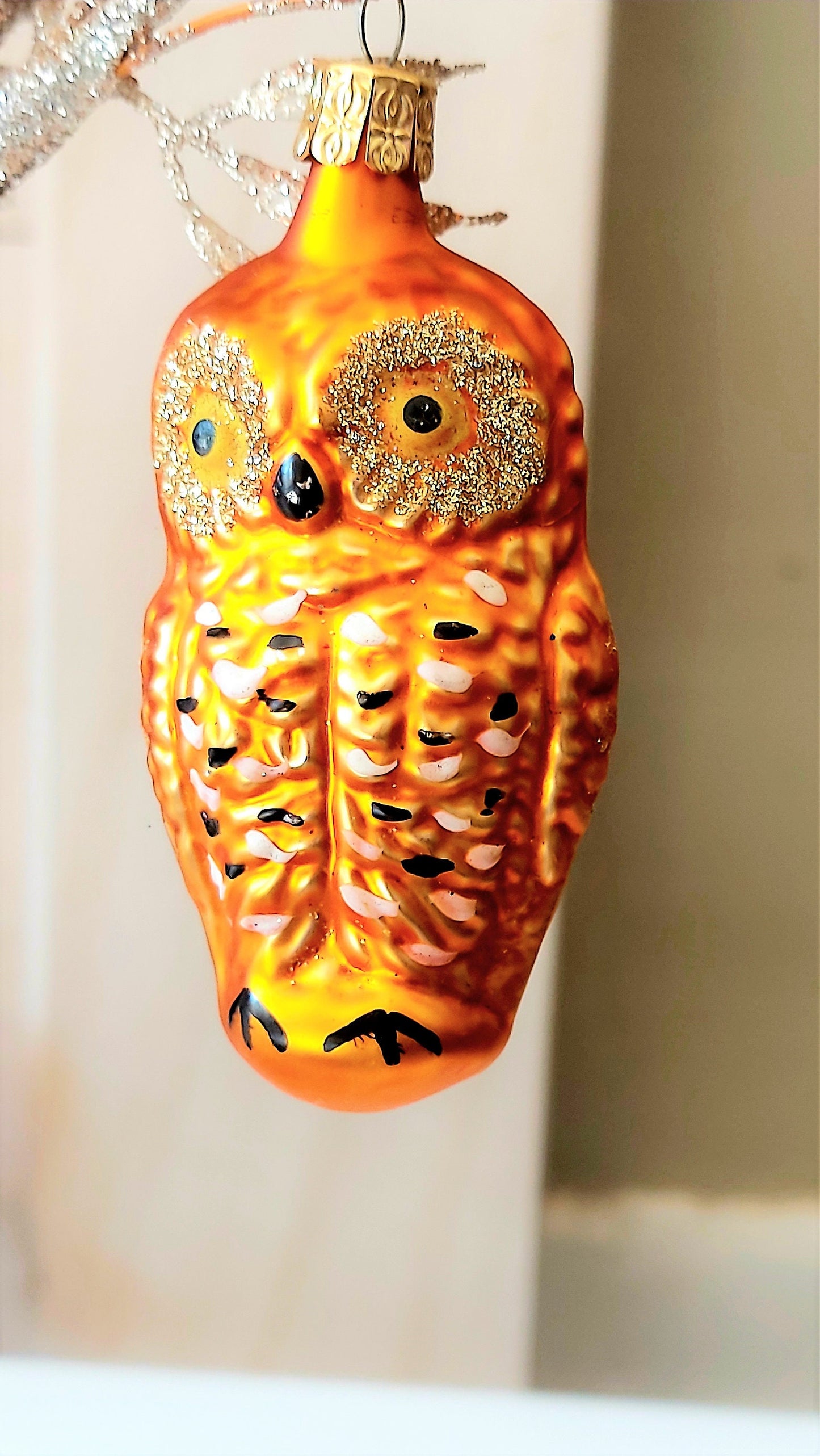 Vintage Czech Republic, Glass Blown, Hand Painted Christmas Tree Ornament - Owl