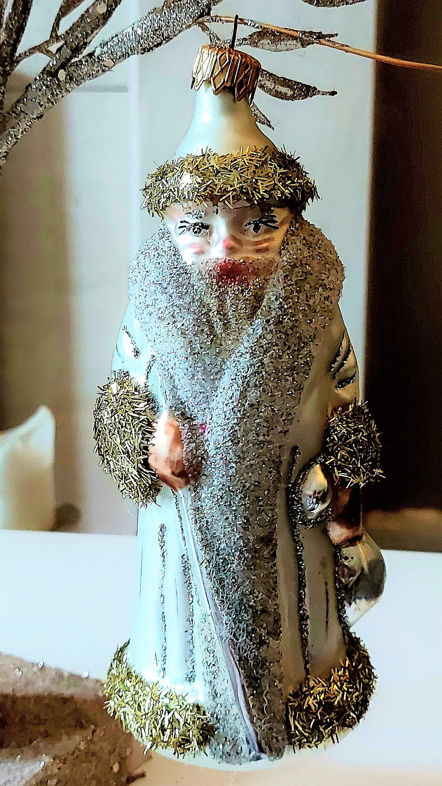 Vintage Czech Republic, Glass Blown, Hand Painted Christmas Tree Ornament - Large Santa Silver/Gold