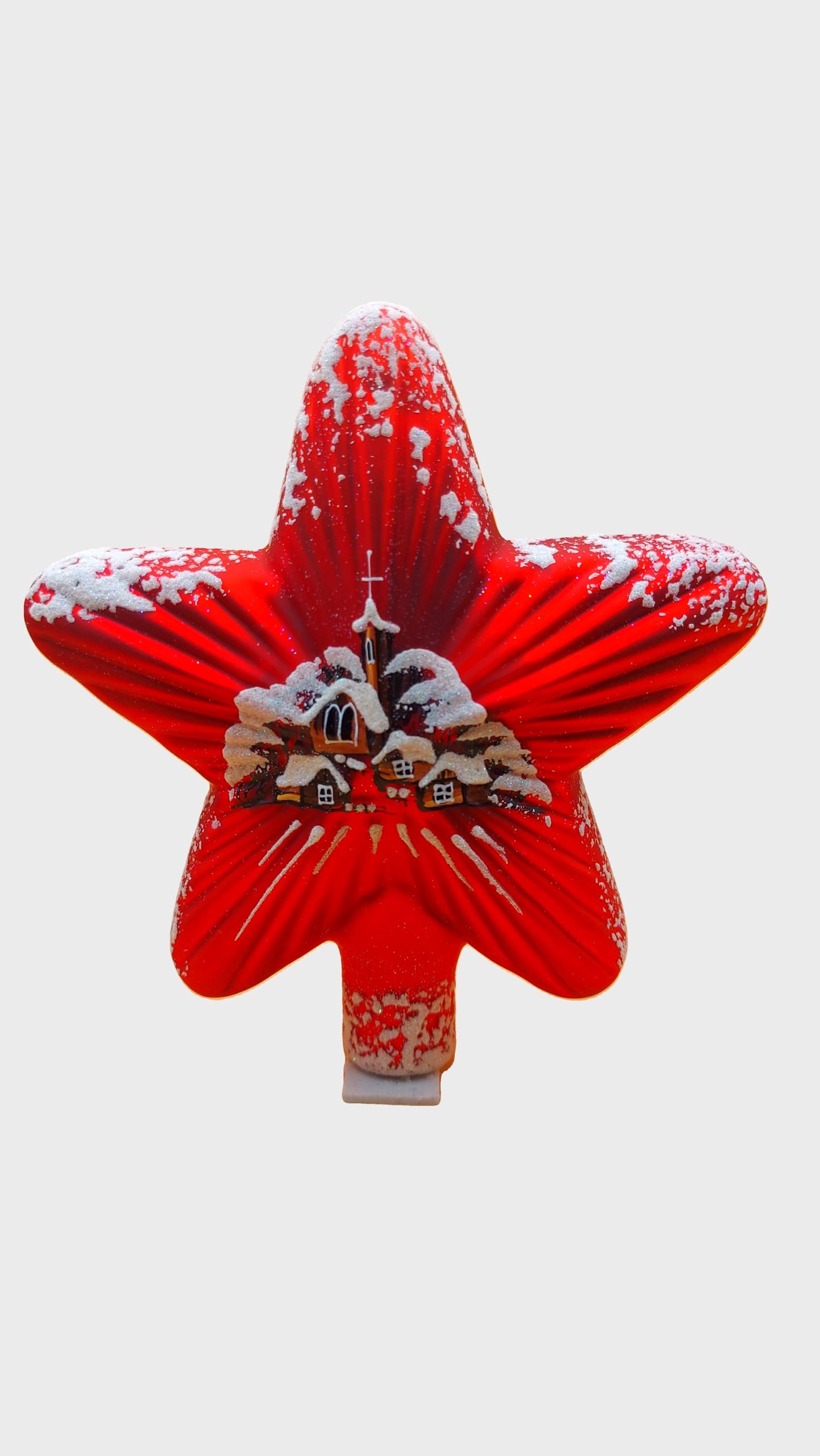 Vintage Czech Republic, Glass Blown, Hand Painted Christmas Tree Ornament - Red Star Tree Topper