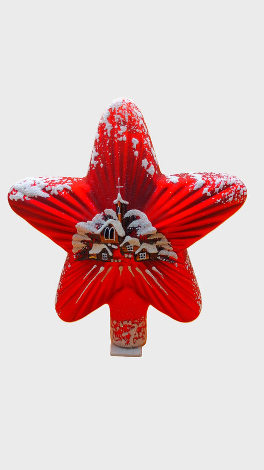 Vintage Czech Republic, Glass Blown, Hand Painted Christmas Tree Ornament - Red Star Tree Topper