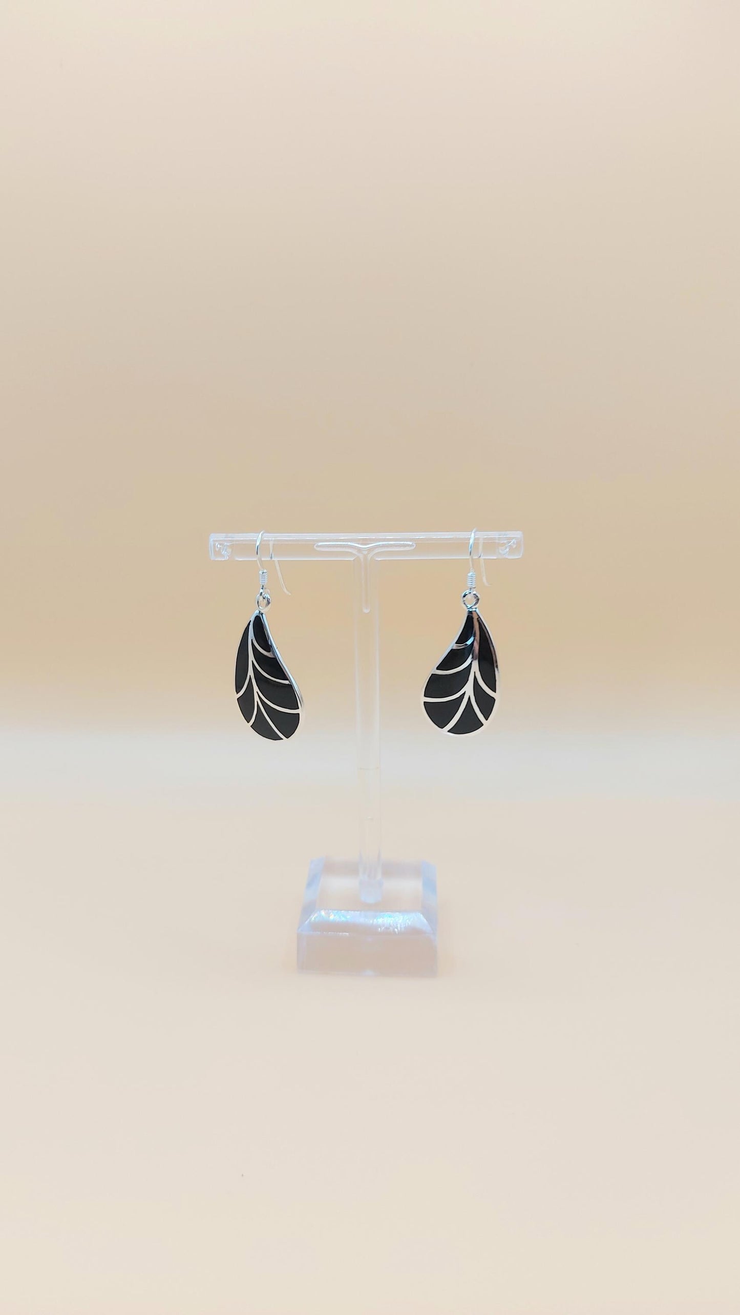 Silver Handmade Inlay Earrings Semi Precious Black Onyx- Black Leaf