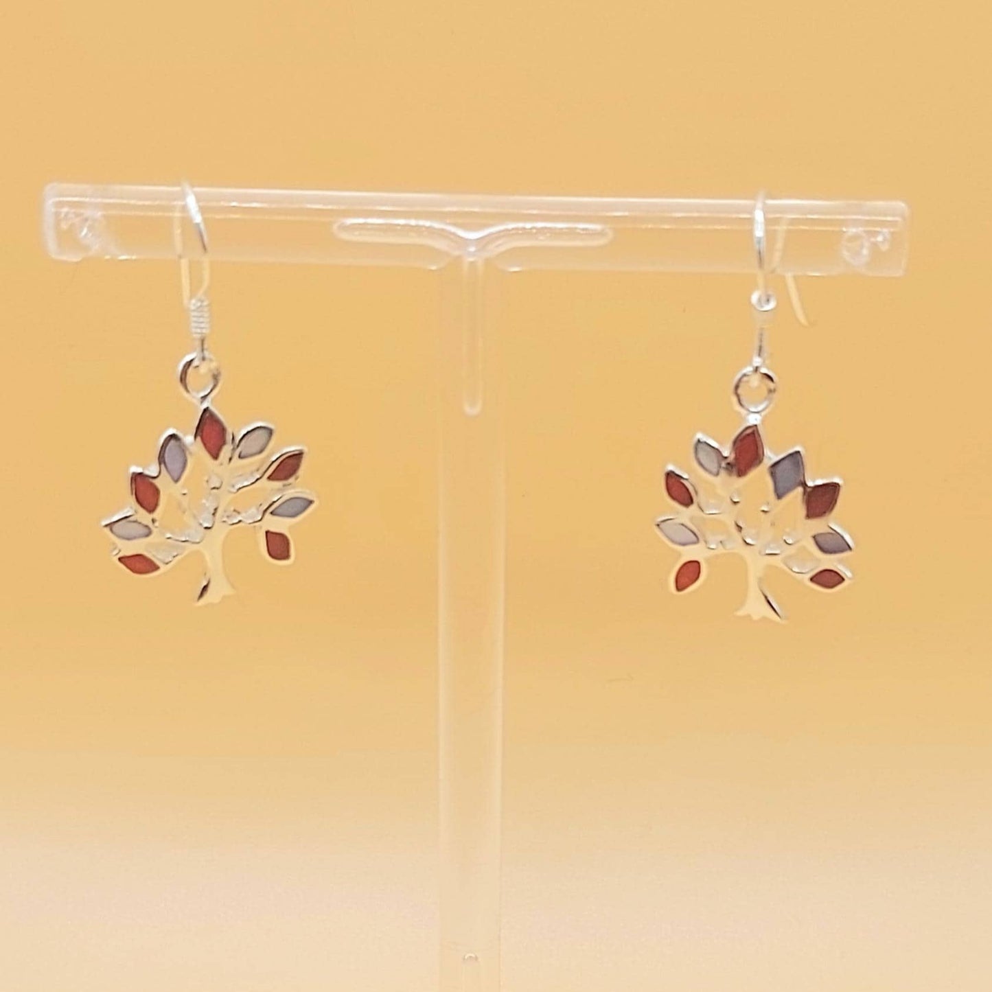 Silver Handmade Inlay Earrings Semi Precious Natural Shell- Tree
