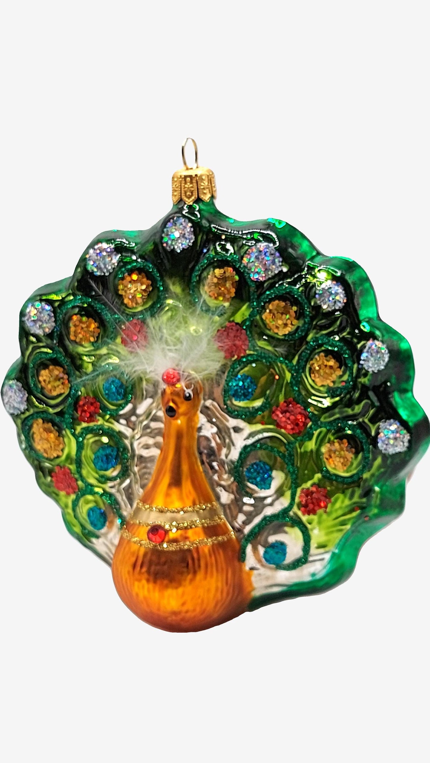 Vintage Czech Republic, Glass Blown, Hand Painted Christmas Tree Ornament - Peacock Green
