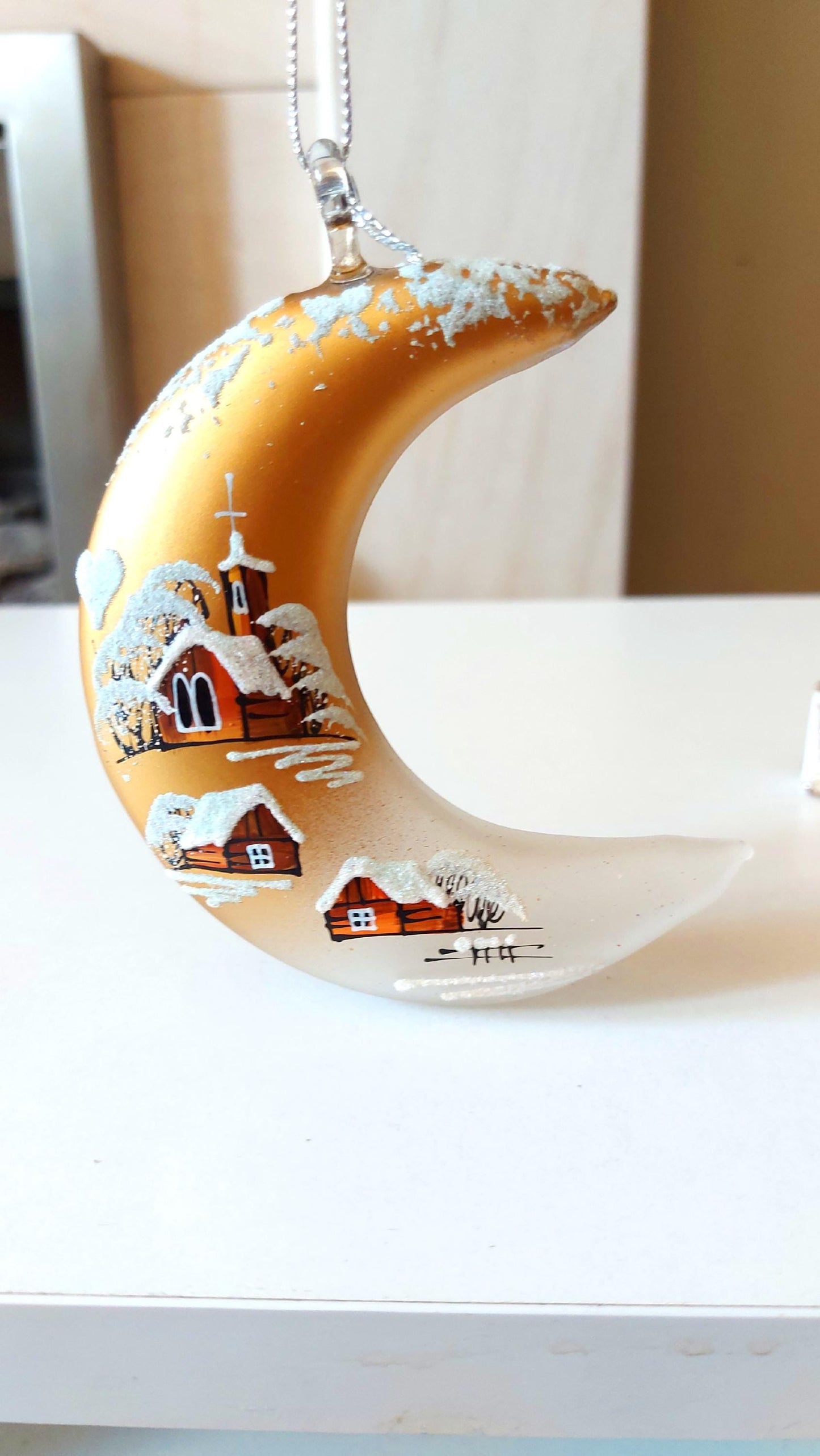 Vintage Hand Painted Glass Christmas Ornament: Czech Gold Half Moon