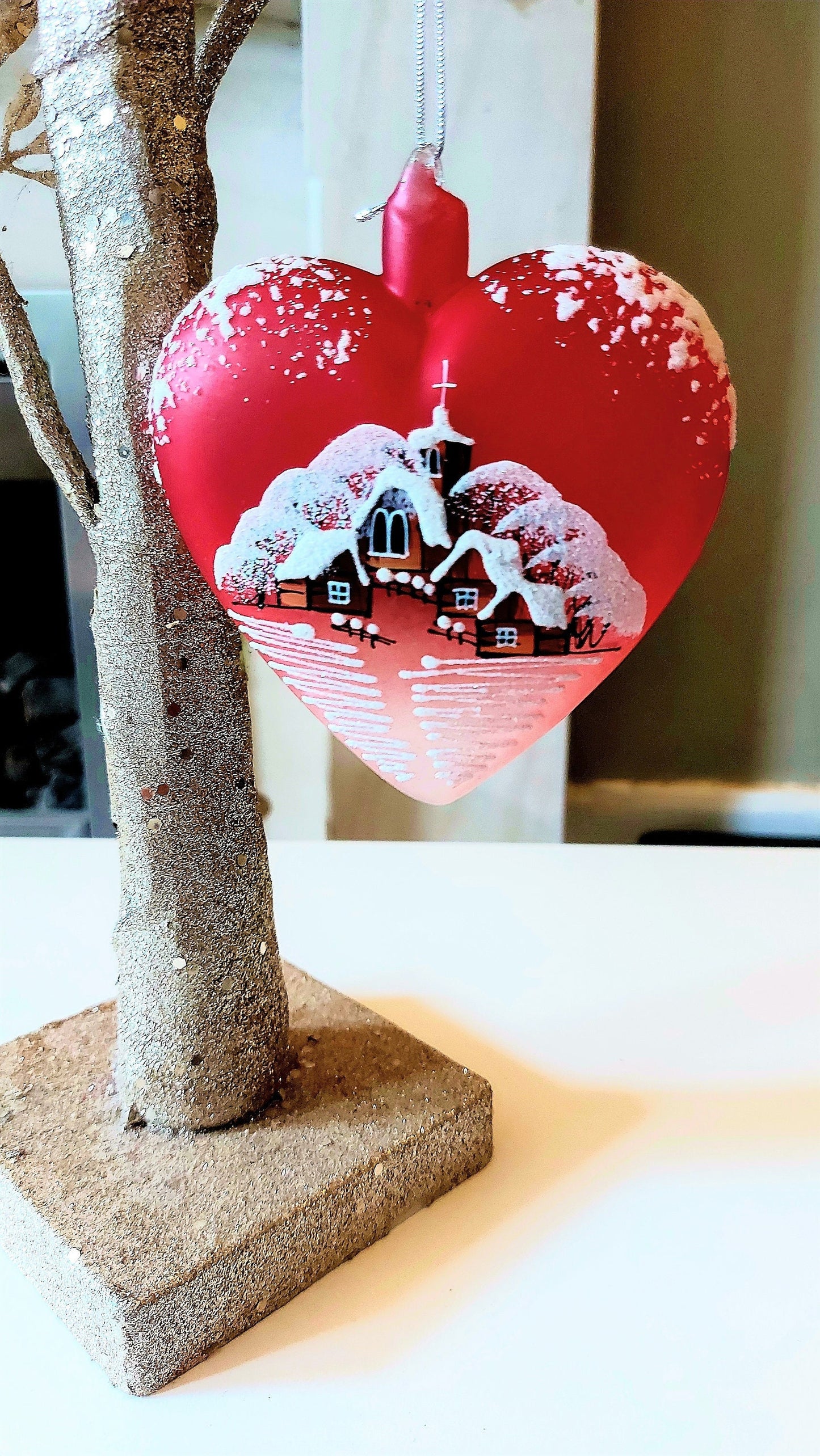 Vintage Czech Glass Christmas Ornament: Hand-Painted Red Heart House