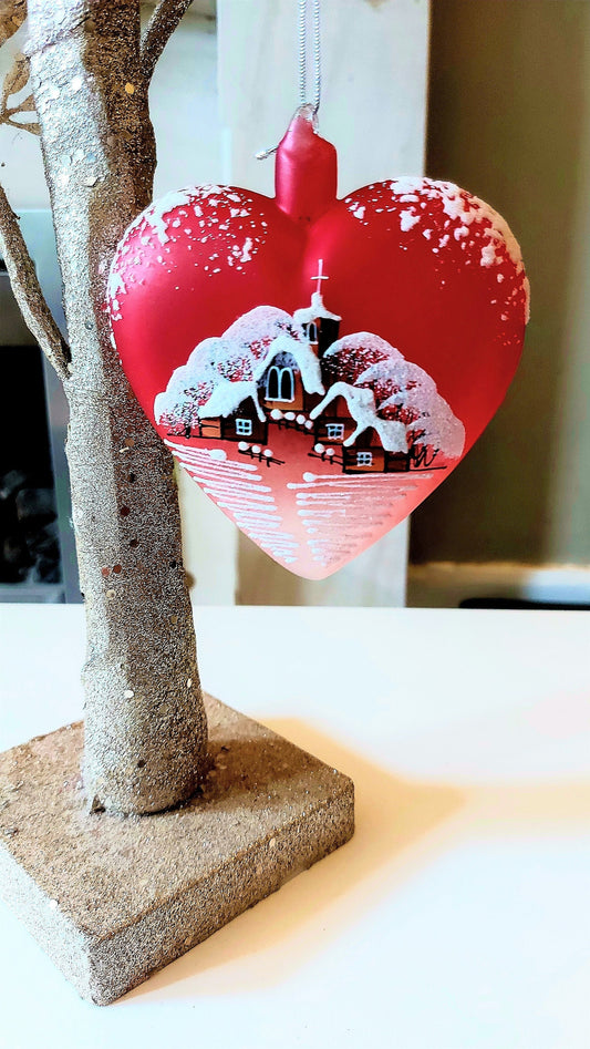 Vintage Czech Glass Christmas Ornament: Hand-Painted Red Heart House