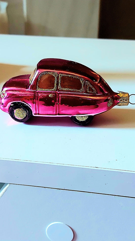Vintage Czech Republic, Glass Blown, Hand Painted Christmas Tree Ornament - Car
