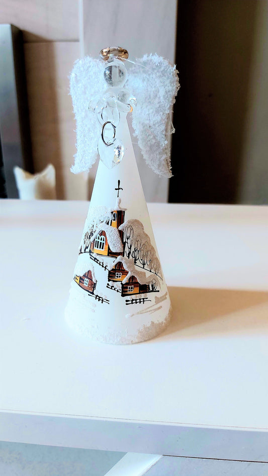 Vintage Czech Glass Angel Christmas Ornament: Hand-Painted Winter Village