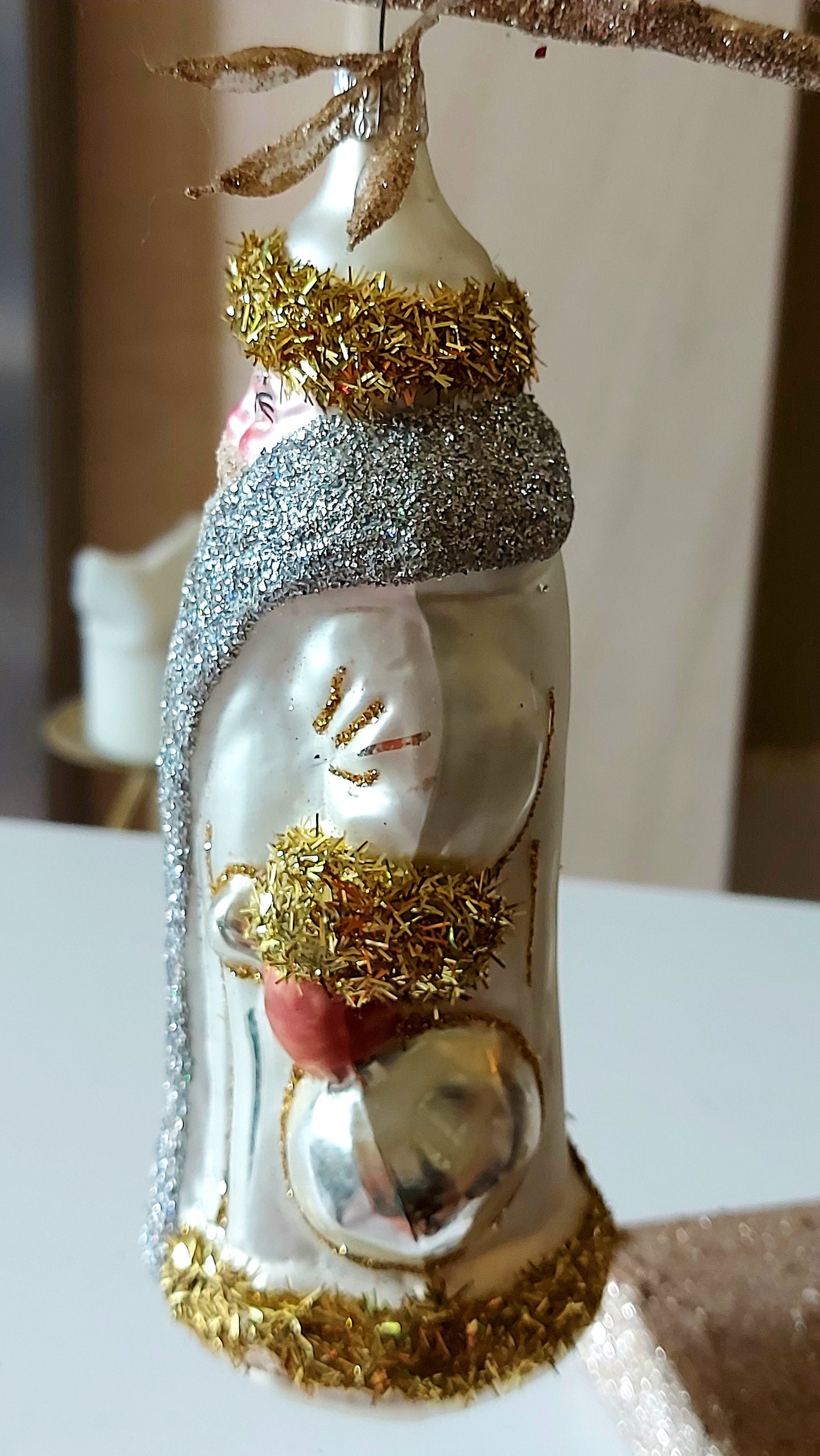 Vintage Czech Republic, Glass Blown, Hand Painted Christmas Tree Ornament - Large Santa Silver/Gold