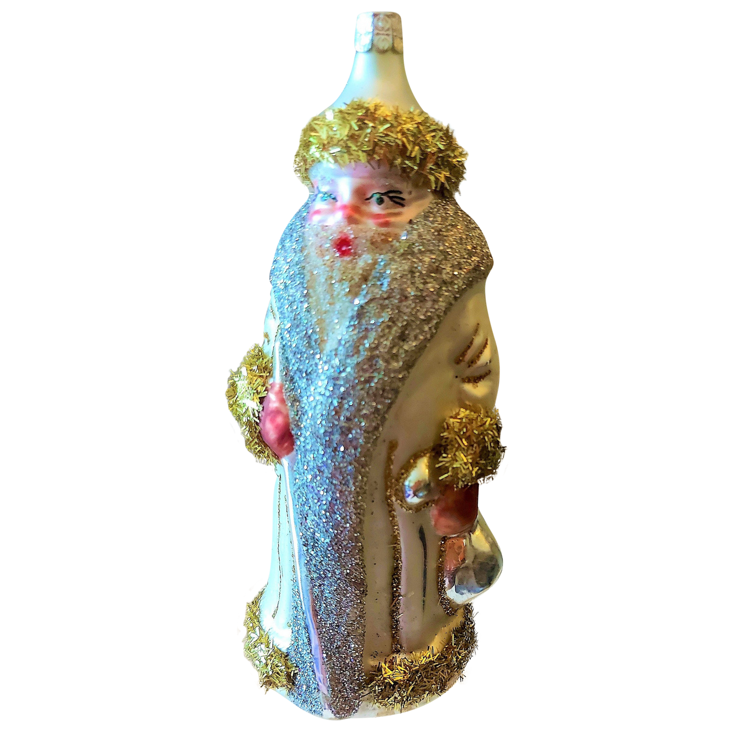 Czech Republic, Glass Blown, Hand Painted Christmas Tree Ornament - Large Santa Silver/Gold