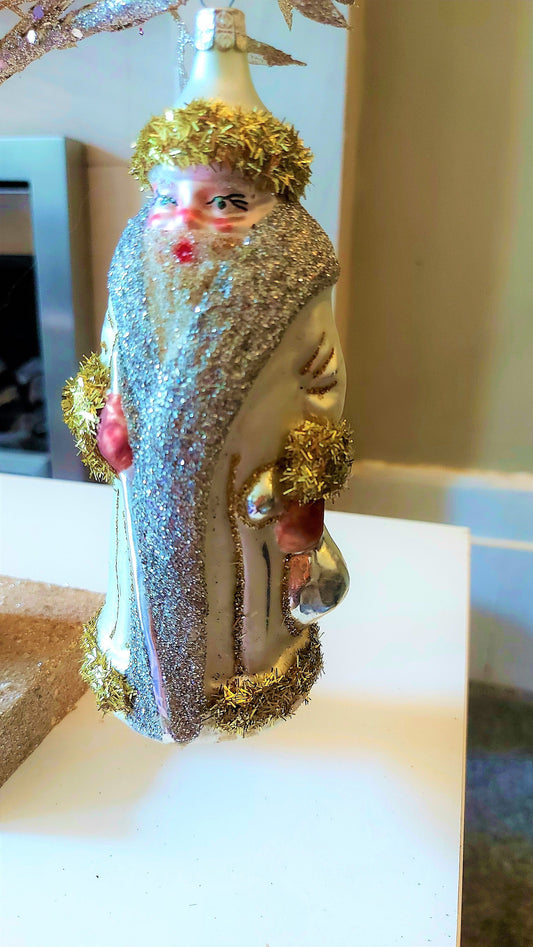 Vintage Czech Republic, Glass Blown, Hand Painted Christmas Tree Ornament - Large Santa Silver/Gold