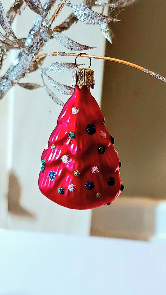 Vintage Czech Republic, Glass Blown, Hand Painted Christmas Tree Ornament - Small Tree ( x 2 )