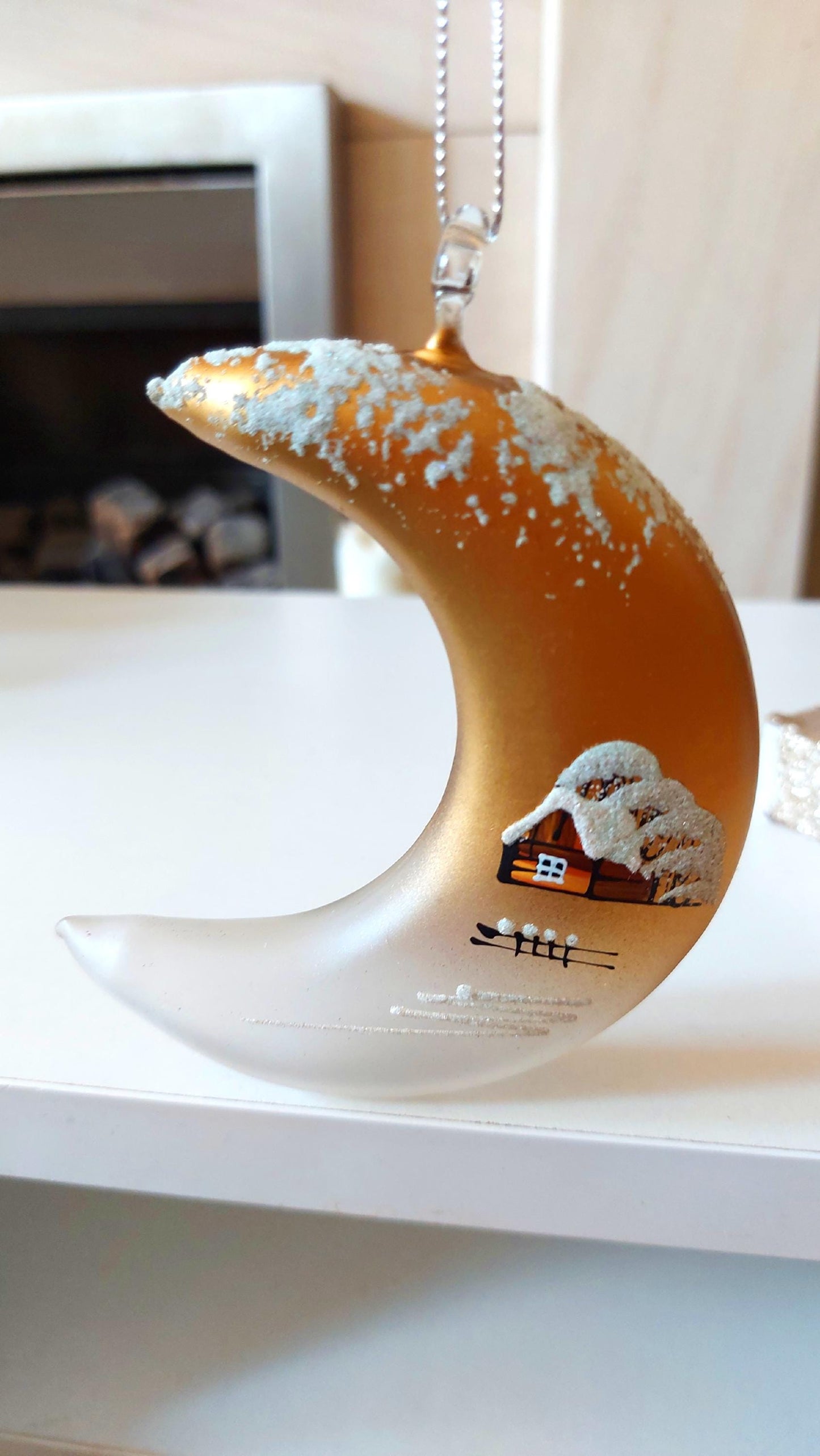 Vintage Hand Painted Glass Christmas Ornament: Czech Gold Half Moon