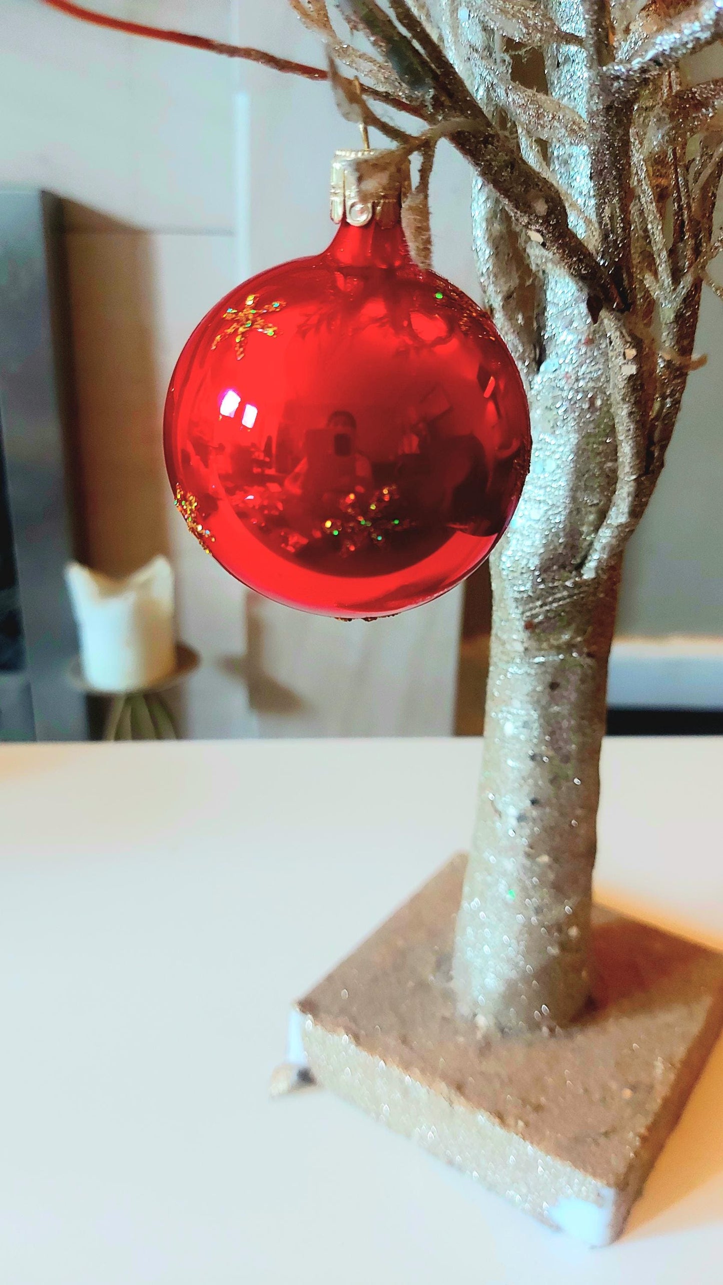 Vintage Czech Republic, Glass Blown, Hand Painted Christmas Tree Ornament - Red Retro Balls