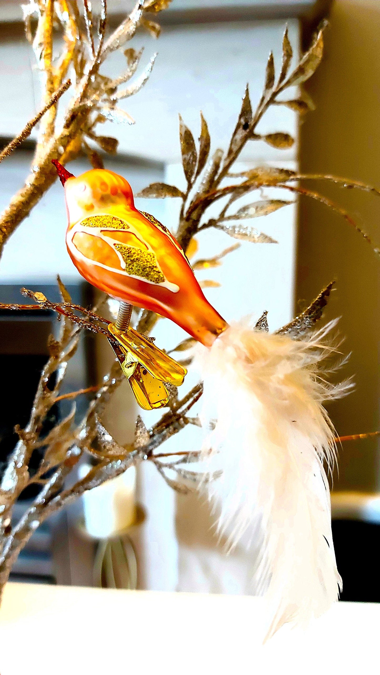 Vintage Czech Republic, Glass Blown, Hand Painted Christmas Tree Ornament - small bird with clip