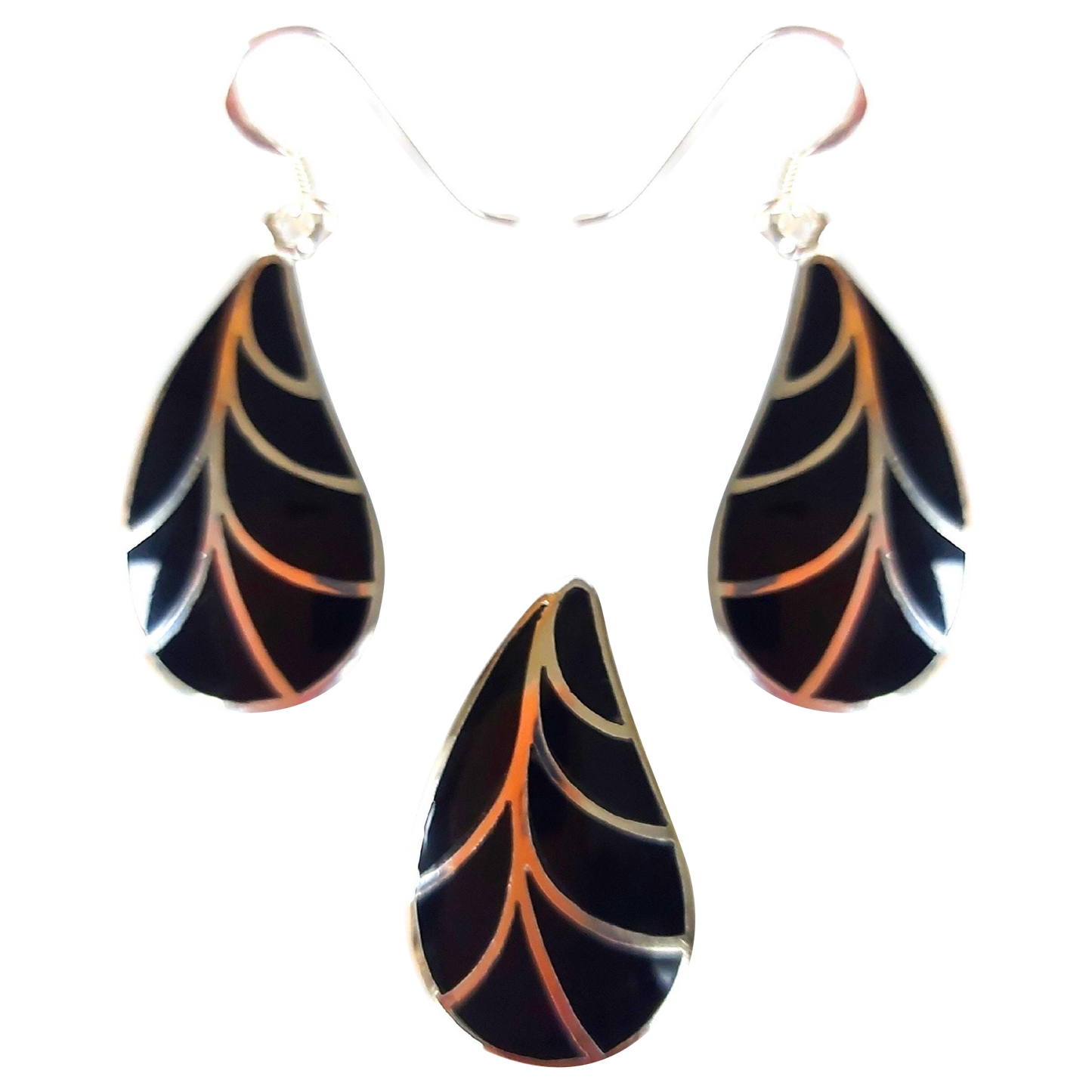 Silver Handmade Inlay Pendant/Earring Set Semi Precious Black Onyx- Black Leaf