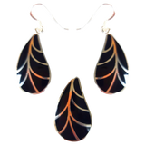 Silver Handmade Inlay Pendant/Earring Set Semi Precious Black Onyx- Black Leaf