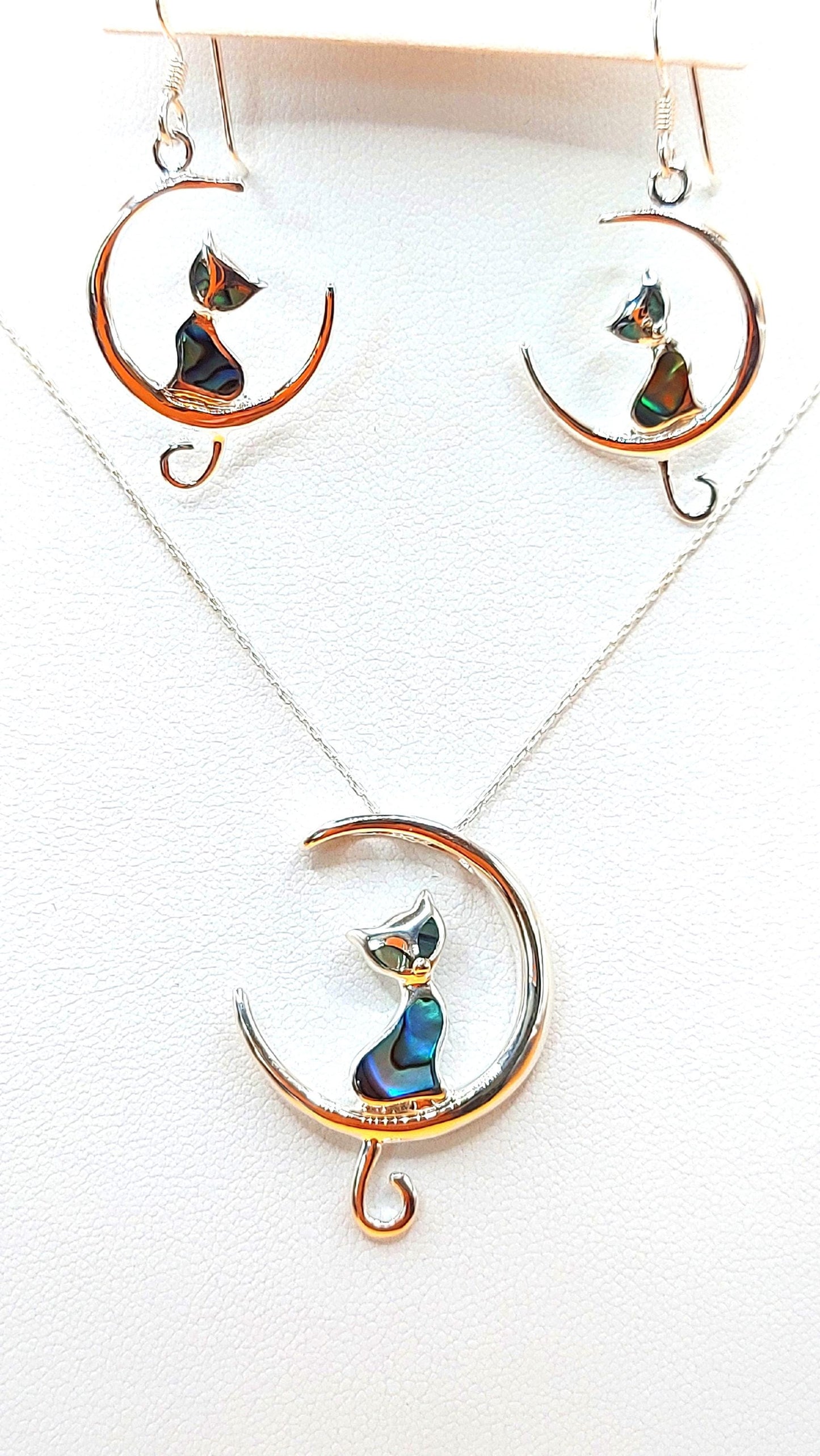 Silver Handmade Inlay Pendant/Earring Set Semi Precious Abalone Shell- Cat on Moon