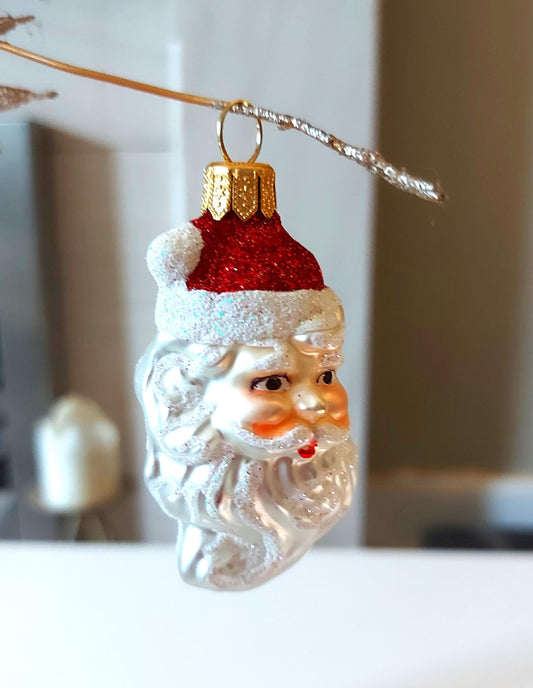 Vintage Czech Republic, Glass Blown, Hand Painted Christmas Tree Ornament - Santa Head