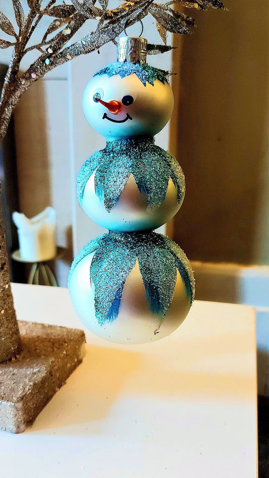 Vintage Czech Republic, Glass Blown, Hand Painted Christmas Tree Ornament - 3 Tier Snowman