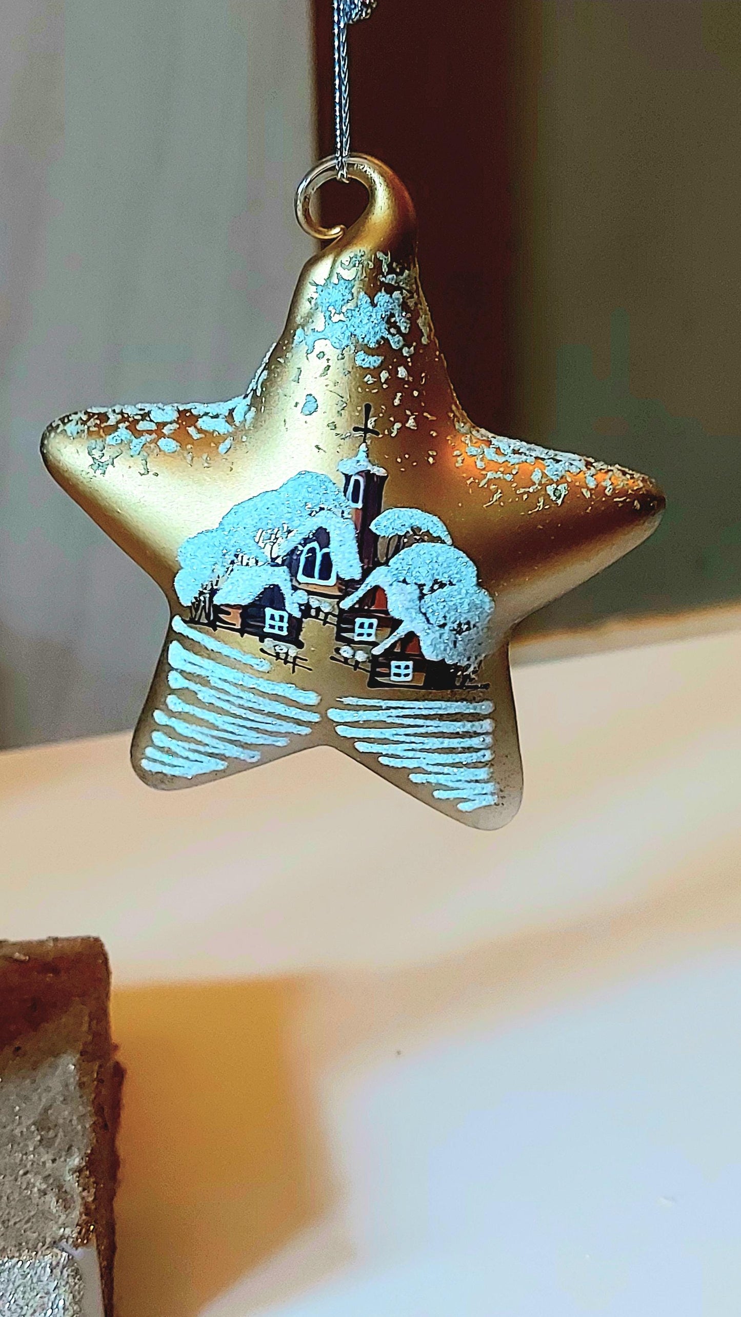 Vintage Czech Glass Christmas Ornament: Hand-Painted Gold Star, House Motif